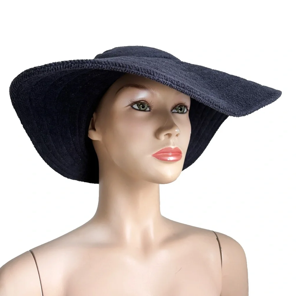 Vintage Norma Kamali for Stetson Hat Wide Brim Floppy Navy Terry Cloth HTF OS